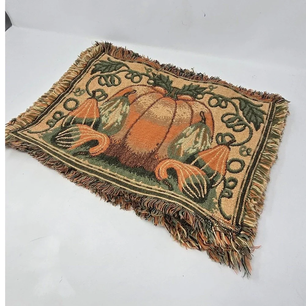 Vtg tapestry Autumn pumpkin placemats Thanksgiving harvest woven table linens